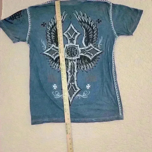 Raw State XL T-shirt Men's Blue Grunge Y2k Punk Cross Wings Vengeance Rock Metal - Picture 7 of 14